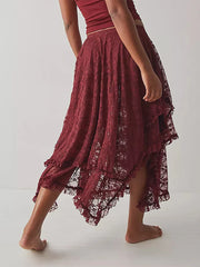 Lace Ruffle Sheer Asymmetrical Hemline Midi Skirt