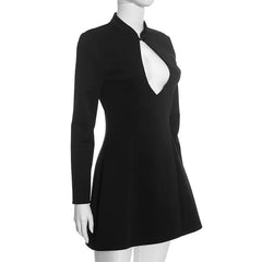 Solid Hollow Out A-line Turtleneck Long Sleeve Mini Dress