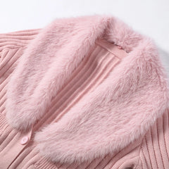 Pink Faux Fur Collar Knit Cardigan