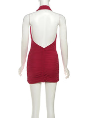 Red Cowl Mesh Backless Mini Dress