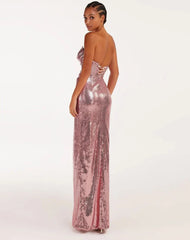 Sequined Strapless High Slit Maxi Dress