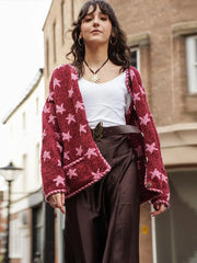 Crew Neck Star Print Knit Cardigan