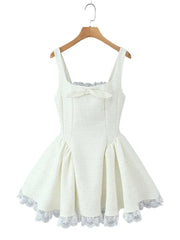 White Sequin Tweed Flare A-line Mini Dress