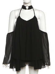 Frill Off-shoulder Long Sleeve Chocker Mini Dress