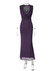 Purple Halter Off-Shoulder Mesh Maxi Dress