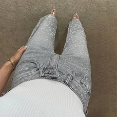 Rhinestone Denim Wide Leg Pants