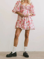 Floral Print Short Puff Sleeve Mesh Layered Babydoll Short Dress