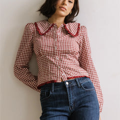 Long Sleeve Doll Collar Button Down Plaid Blouse