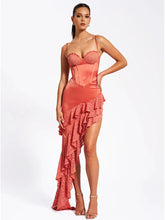 Corset Irregular Ruffle Hem Spaghetti Straps Satin Midi Dress