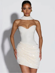 Scarf Collar Sequin Strapless Mini Dress