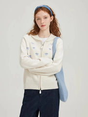 White Bow Embroidery Zipper Cardigan