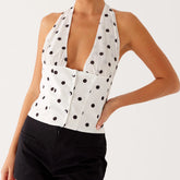 Printed Tie-up Halter Deep V-Neck Crop Top