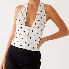 Printed Tie-up Halter Deep V-Neck Crop Top