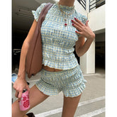 Plaid Print Smocked Crew Neck Top And High Waist Shorts Set