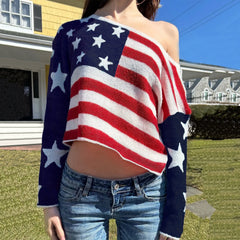 One-Shoulder American Flag Knit Top