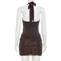 Sequin Patchwork Halter Tank Mini Bodycon Dress
