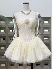 Tie Up Strap 3D Flower Embellished Tulle Mini Dress
