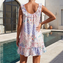 Floral Babydoll Ruffle Trim Sleeveless Mini Dress