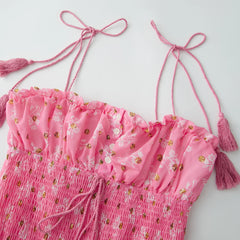 Pink Flower Print Spaghetti Strap Smocked Maxi Dress