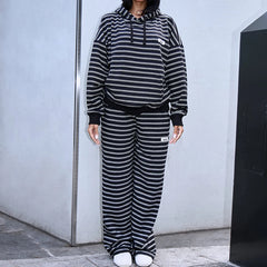 Striped Long Sleeve Hoodie Sweatshirt and Joggers Pants Tracksuit Set