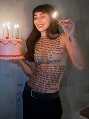 Mesh Letter Printed O-Neck Tank Top With Gloves