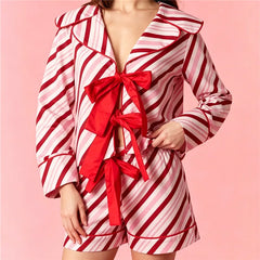 Candy Cane Striped Front Bow Tie Long Sleeve Top and Shorts Loungewear Set