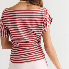 Striped Boat Neck Batwing Cap Sleeve Ruched Waist Top
