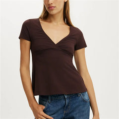 Solid V-Neck Short Sleeve Back Tie Up Top