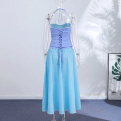 Stripe Patchwork Halter Top And Long Skirt Set
