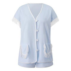 Button‑Down Short Sleeve Tassel Fringe Pocket Top And Shorts Loungewear Set
