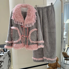 Grey Plush Pink Fur Trim Long Sleeve Shirt And Pants Sleepwear Set