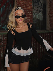 Black Irregular Patchwork Bell Sleeve Tulle Hem Long Sleeve Top