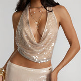 Sequins Cowl Neck Backless Top