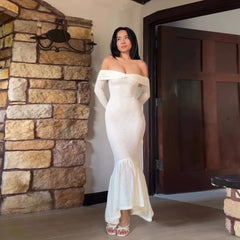 Off The Shoulder Long Sleeve Fishtail Maxi Dress