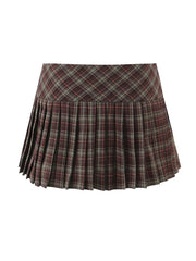 Brown Plaid ow Waist Metal Ring Pleated Mini Skirt