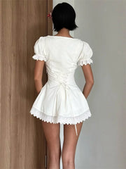 White Lace Ruffled Short Sleeve Buttoned Mini Dress