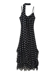 Black Polka Dot Long Dress With Scarf Ribbon