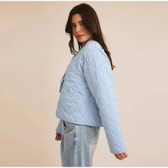 Blue Gingham Heart-Shaped Pocket Padded Jacket