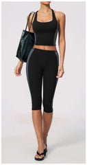 Two-Tone Contrast Seam Crop Top And Capri Leggings Set