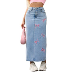Bow Embroidery Split Long Denim Skirt