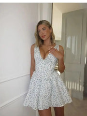 White Deep V-neck Blue Floral Print Mini Dress