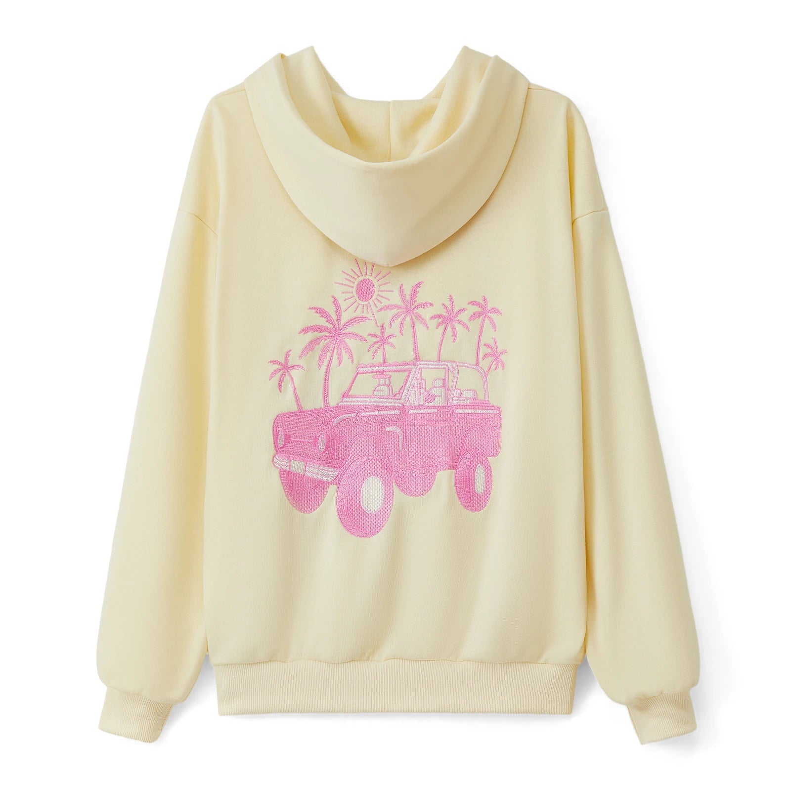Light yellow hoodie with pink graphic of a car and palm trees