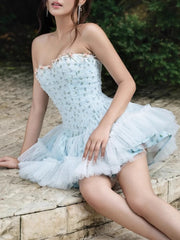 Strapless 3D Flower Tulle Mini Dress