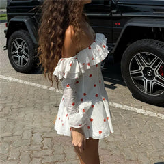 White Heart Print Off Shoulder Mini Dress