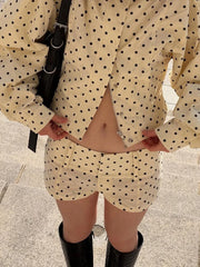 White Polka Dot Zipper Jacket And Shorts Set