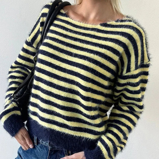 Striped Fuzzy Knit Off Shoulder Boat Neck Sweater