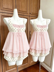 Pink Sleeveless Square Neck Polka Dot Top And Mini Skirt Set