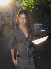 Striped Half Sleeve Lace Up Shirt