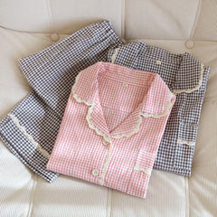 Lace Trim Plaid Long Sleeve Shirt And Pants Two Piece Sleepwear Set