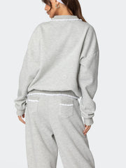 Lace Trim Long Sleeve Collared Sweatshirt with Front Pocket and Wide Leg Sweatpants Set